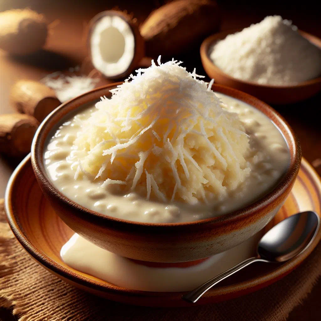 Baked grated cassava with coconut milk, garnished with toasted coconut
