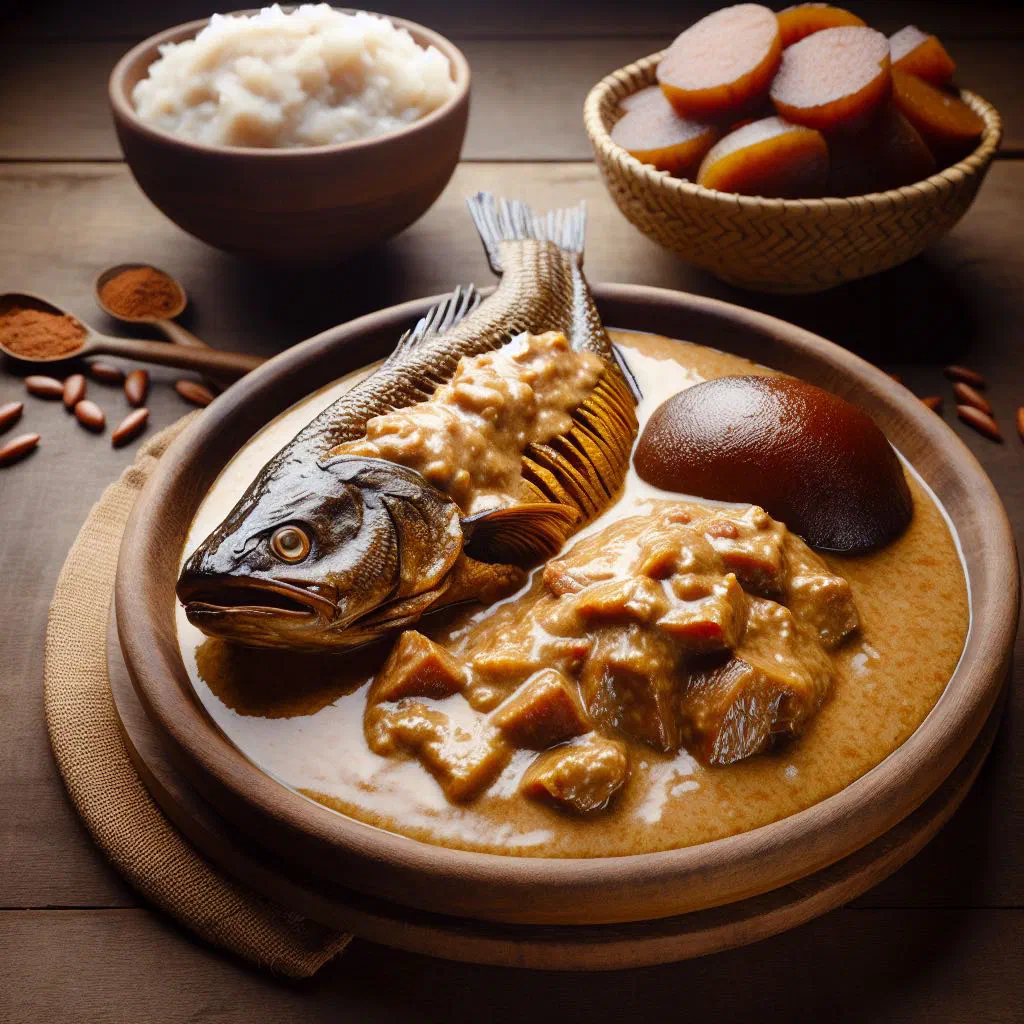 Mbongô Tchobi stew with tender meat in a dark peanut sauce, garnished with fresh herbs