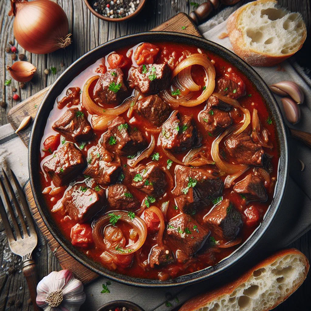 Tender meat simmered in a rich tomato sauce with peppers and onions