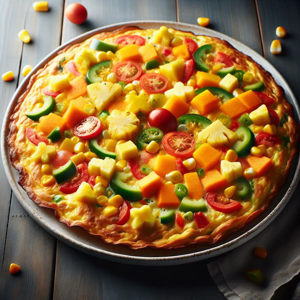 Folded tropical vegetable omelette with peppers, tomatoes and fresh herbs