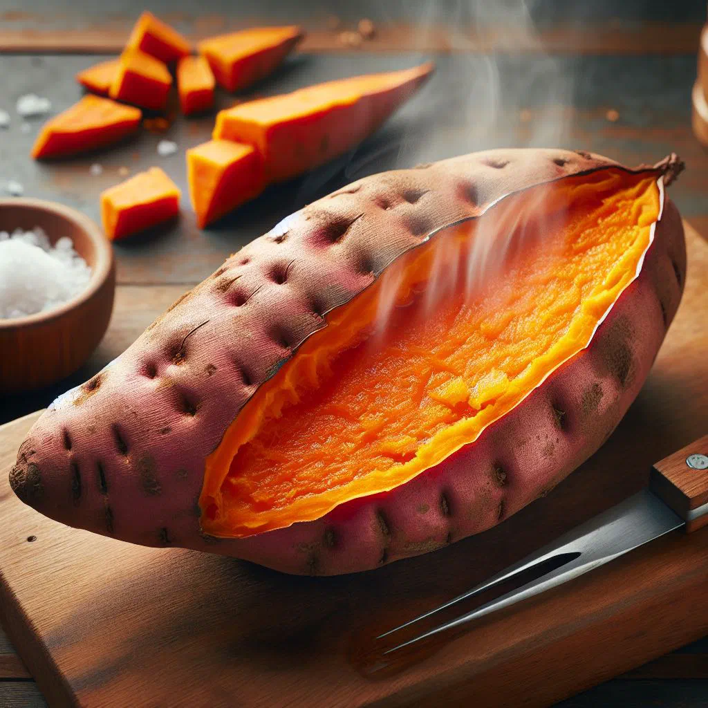 Oven-baked sweet potato halves with herbs on a baking tray