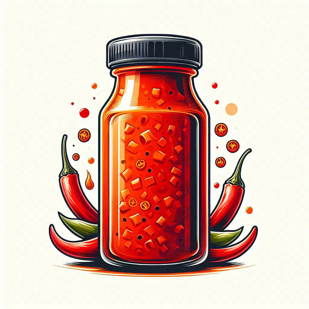 Fiery red pili-pili sauce in a small bowl with fresh chillies and herbs