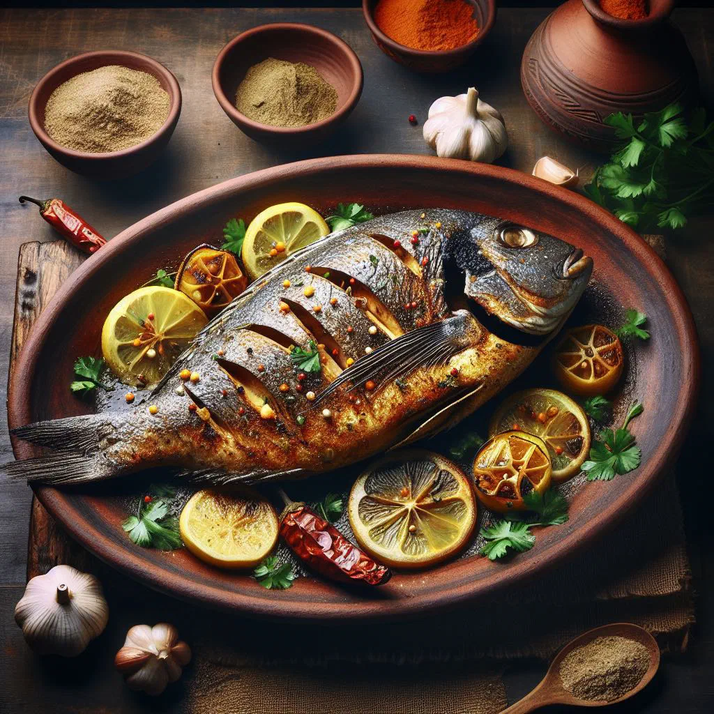 Whole grilled fish with lemon slices and fresh herbs on a plate