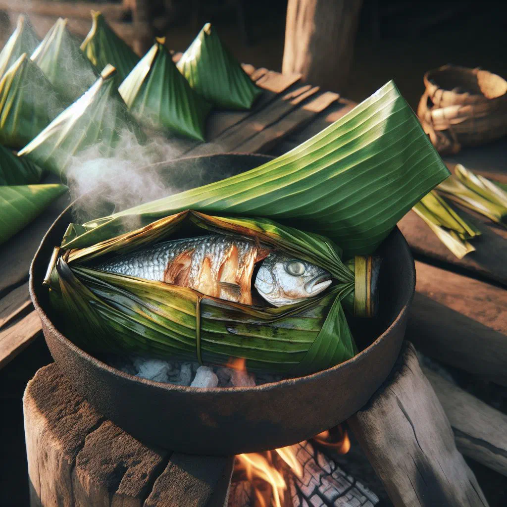 Steamed fish wrapped in banana leaves with tomatoes, onions and fresh coriander
