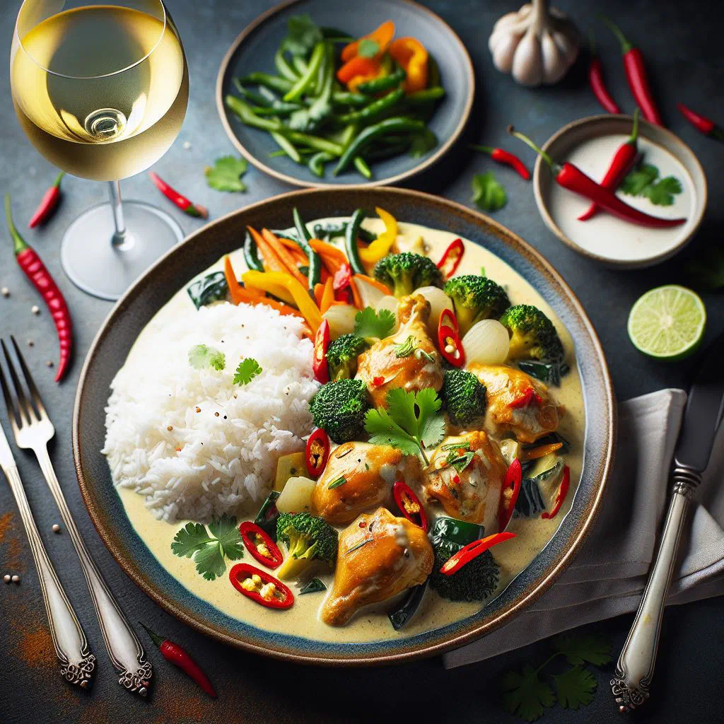 Chicken pieces in a creamy coconut sauce garnished with fresh coriander
