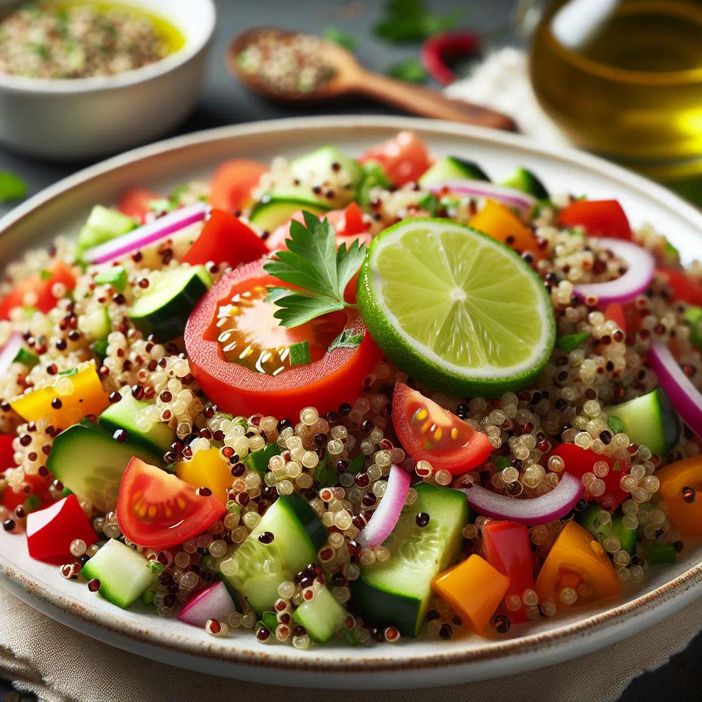 Colourful quinoa salad with diced tomato, cucumber and fresh herbs