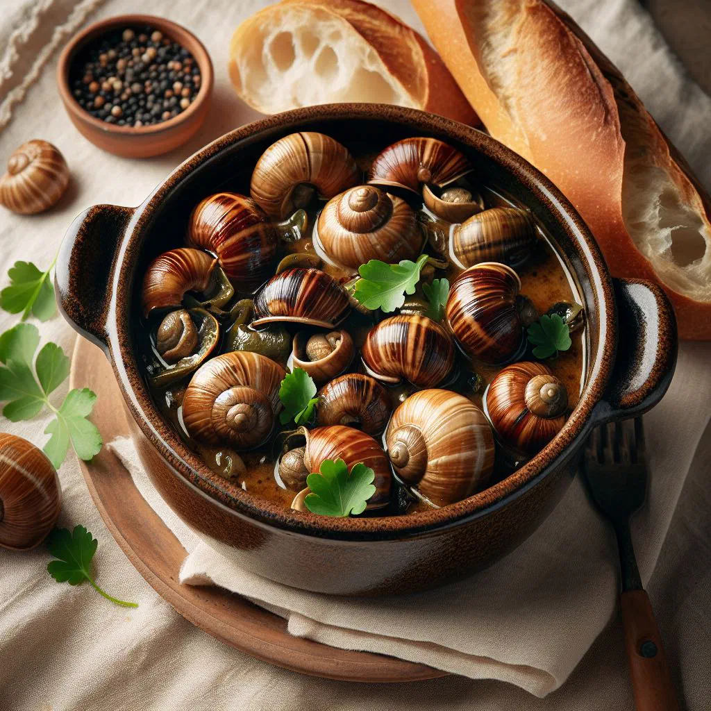 Gabonese snail stew in a bowl with fresh herbs and a rich sauce