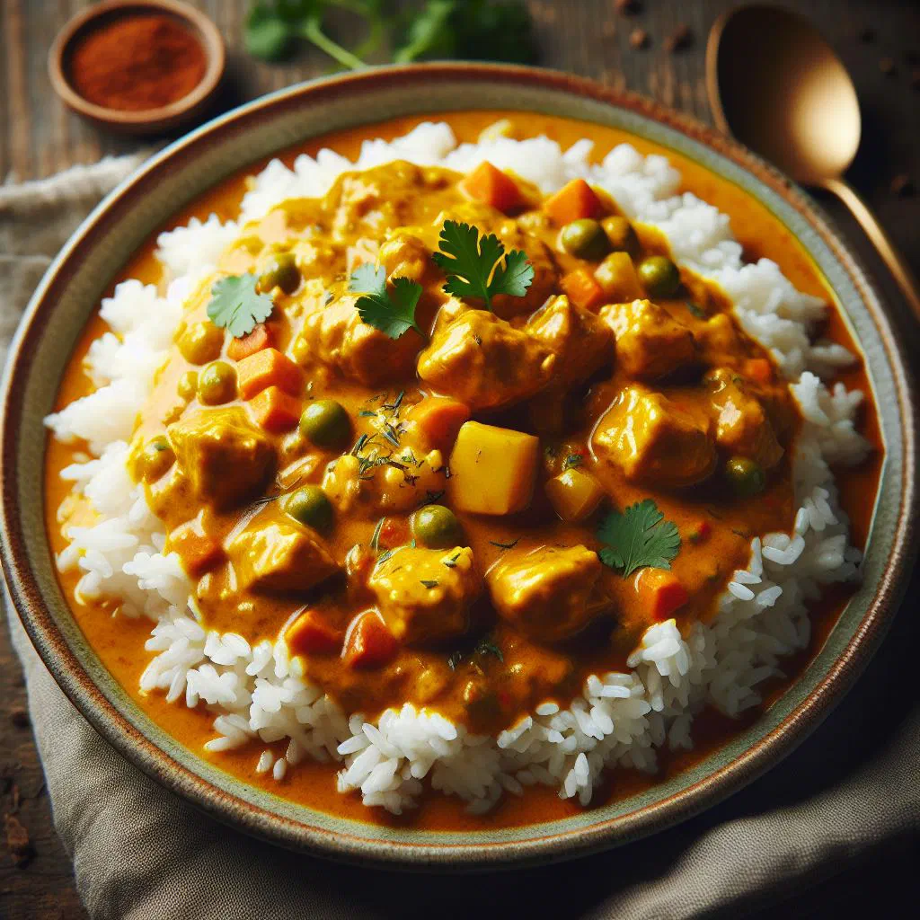 Golden curry rice with peppers and carrots, garnished with fresh herbs