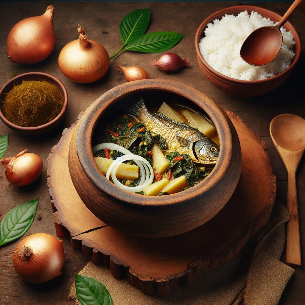 Saka-saka, a rich stew of cassava leaves simmered in palm oil