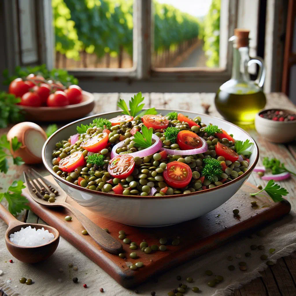 Gabonese lentil salad with peppers, tomatoes and fresh herbs in a bowl