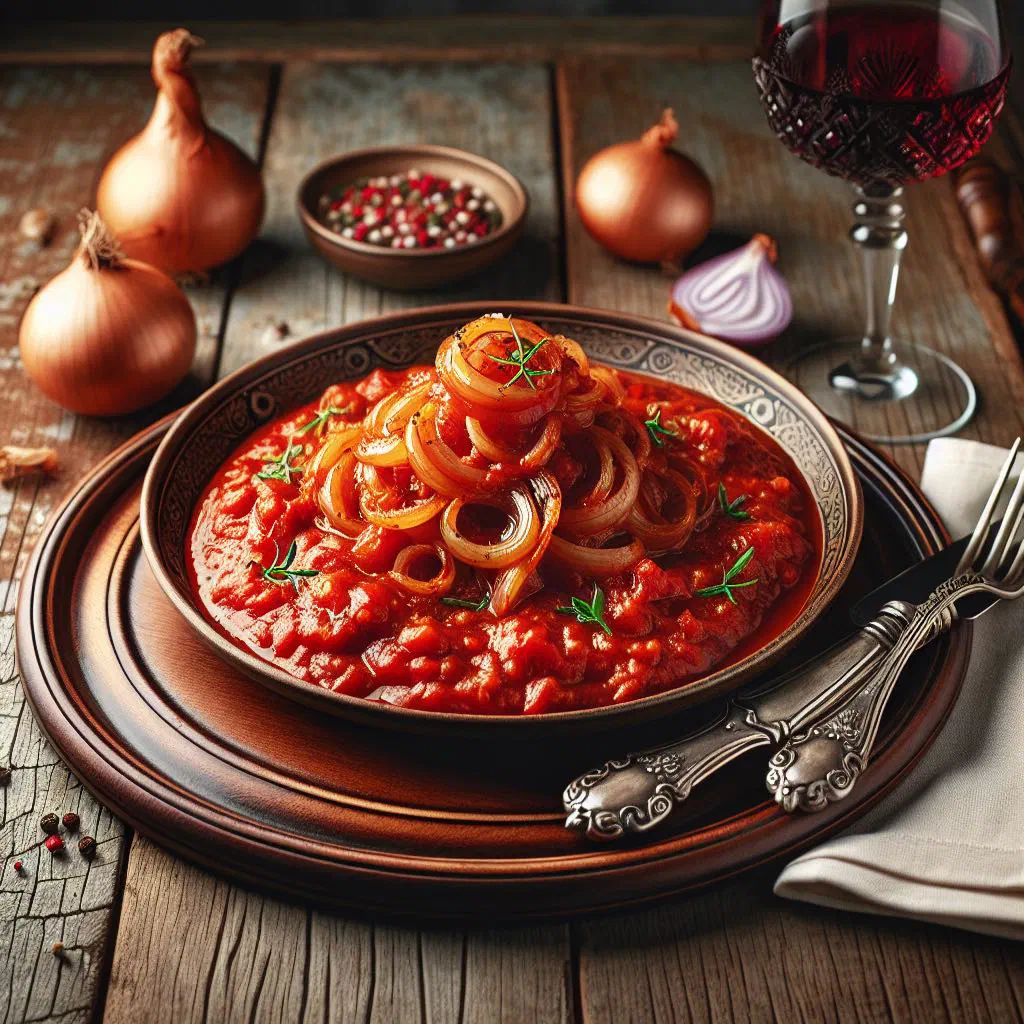 Rich tomato and onion sauce in a bowl, garnished with fresh herbs