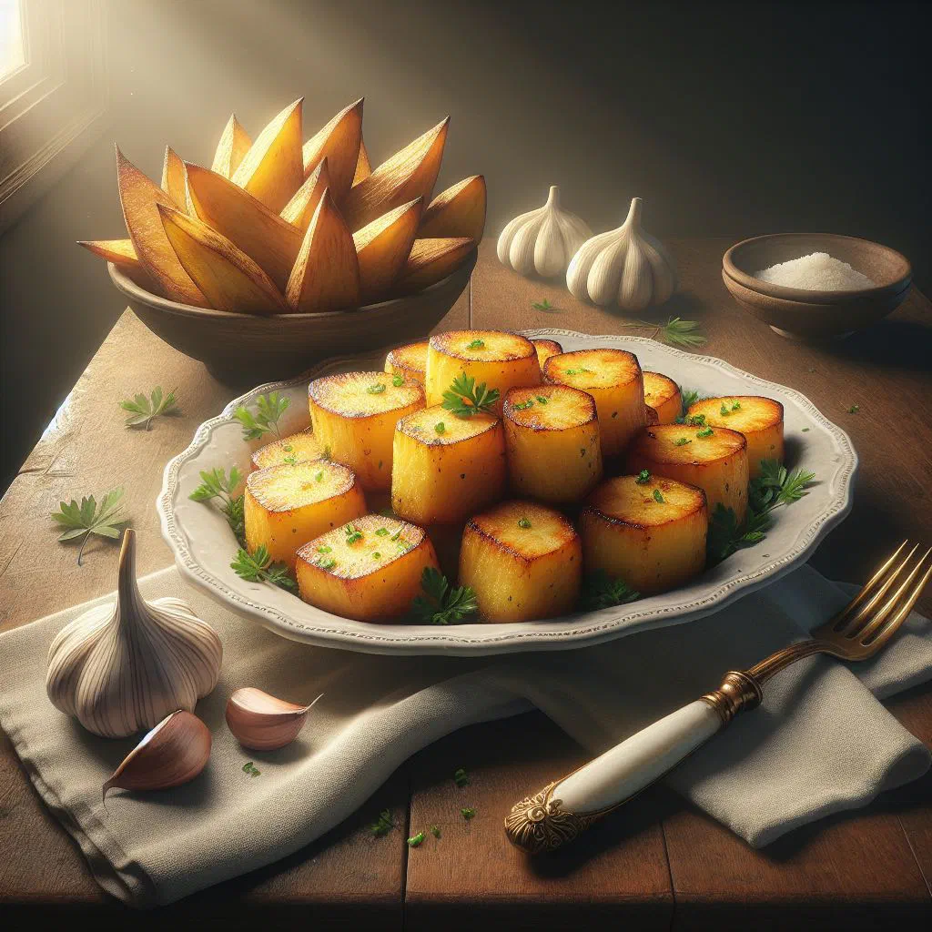 Golden sautéed cassava pieces with peppers and onions, garnished with fresh herbs