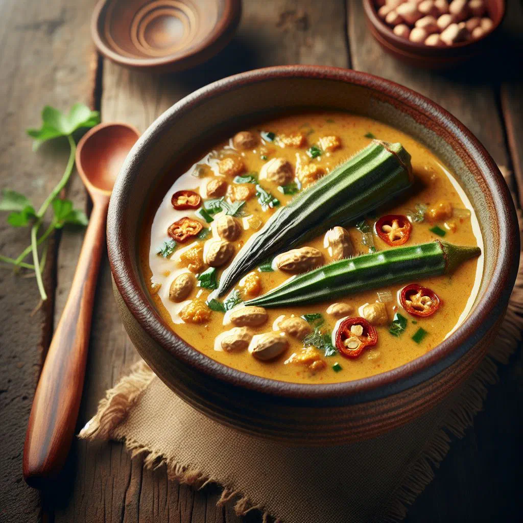 Creamy Gabonese peanut soup in a deep bowl topped with roasted peanuts and fresh herbs