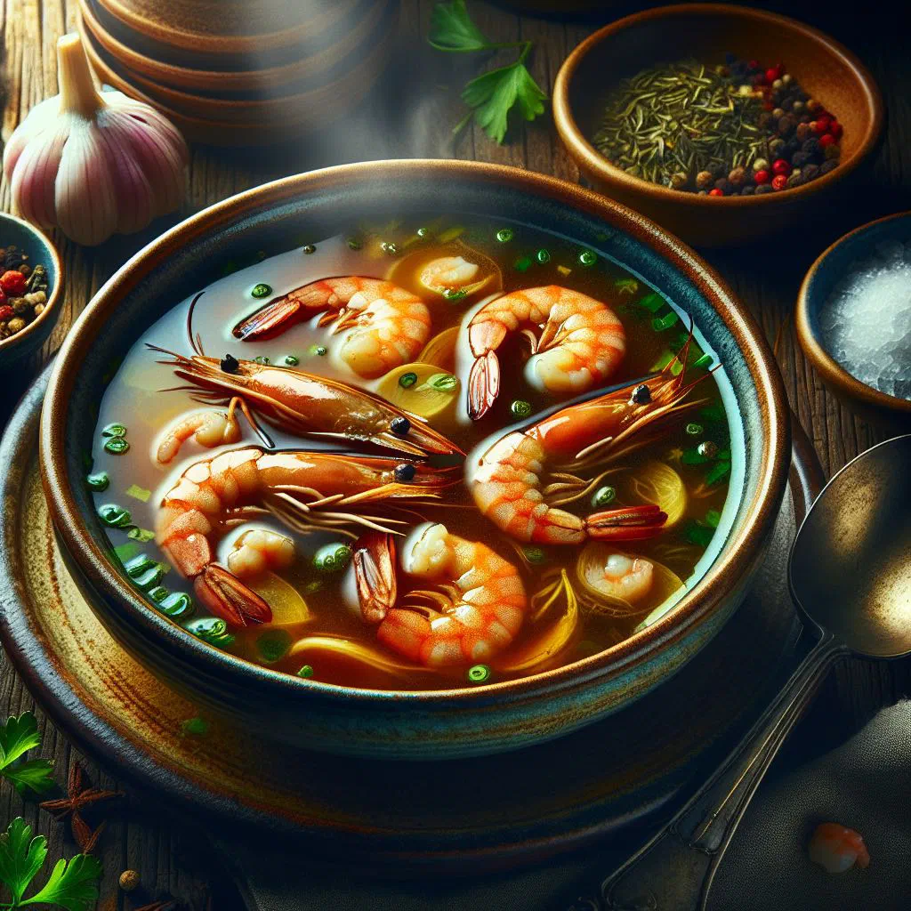 Gabonese prawn soup with tomatoes, peppers and fresh herbs