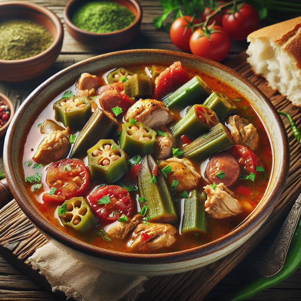 Bowl of Gabonese okra soup with tomatoes and fresh herbs