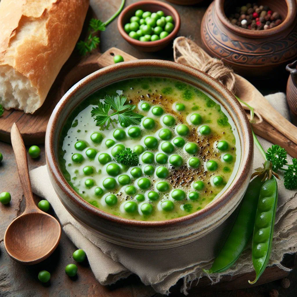 Bowl of creamy Gabonese pea soup garnished with fresh herbs