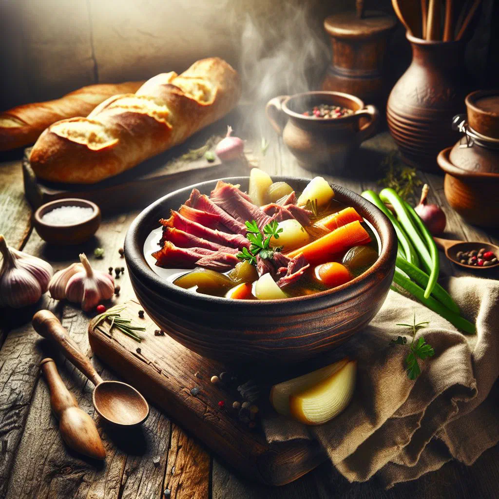 Bowl of Gabonese smoked meat soup with carrots, potatoes and fresh herbs