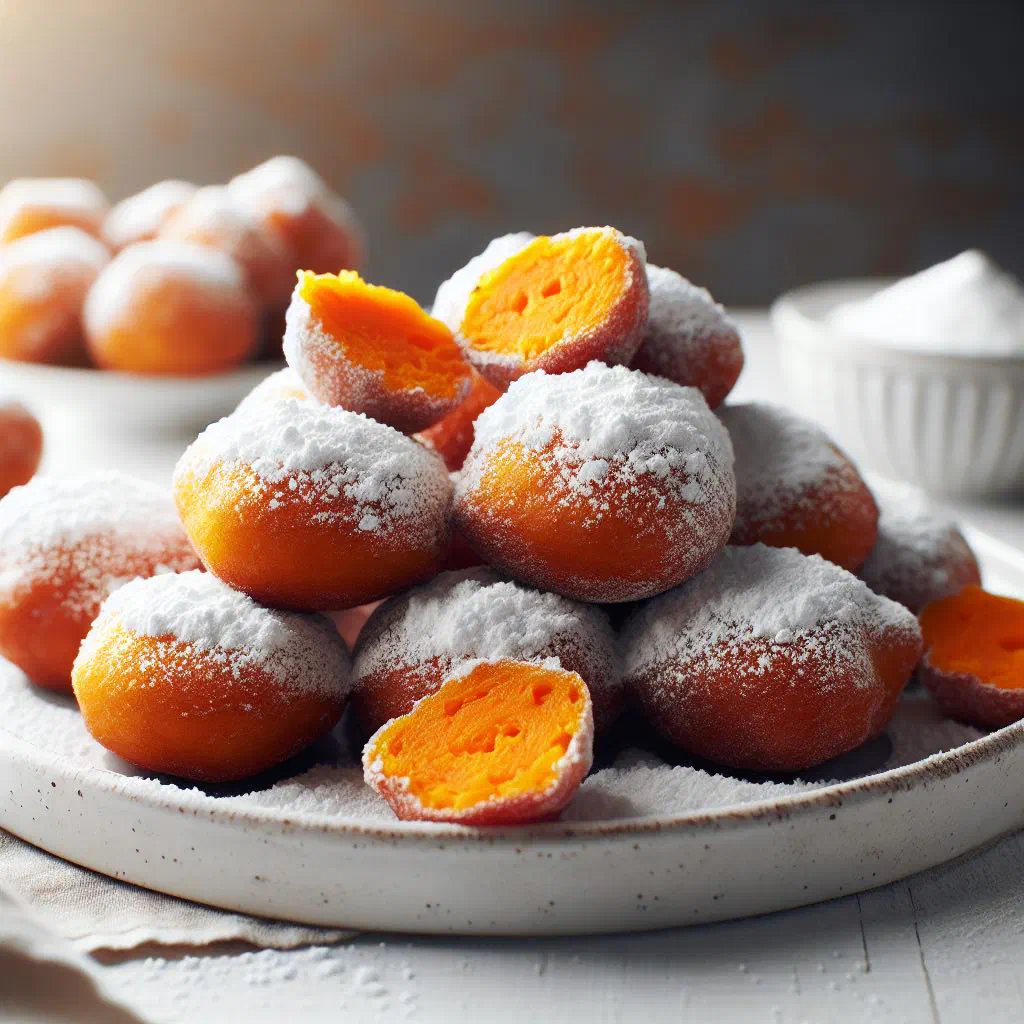 Golden fried sweet potato beignets piled on a plate