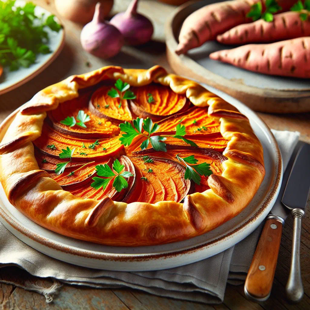 Golden sweet potato fritters stacked on a plate with fresh herbs