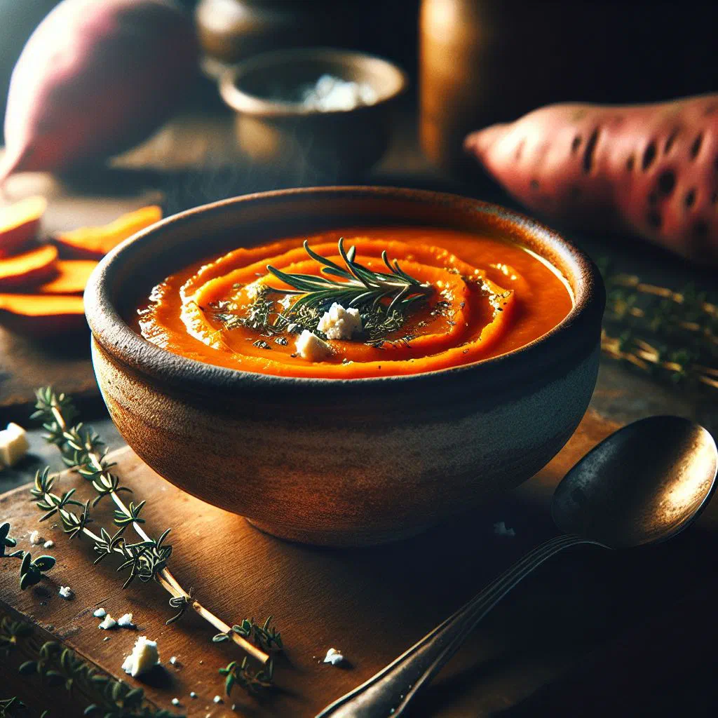 Creamy sweet potato soup in a bowl garnished with fresh herbs