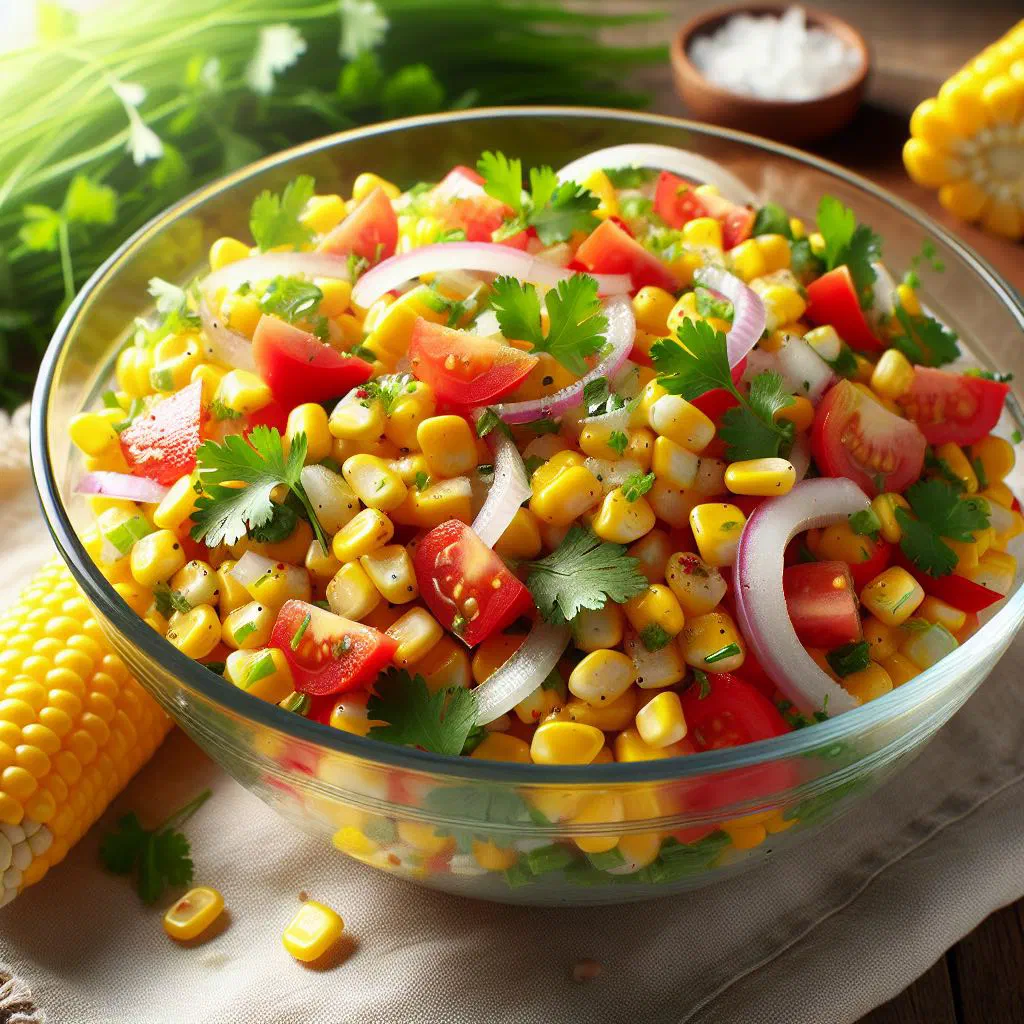 Colourful sweetcorn salad with peppers, cucumber and fresh herbs in a bowl