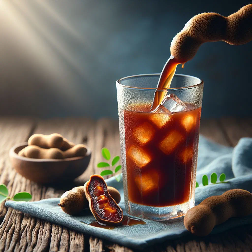 Chilled tamarind juice in a tall glass with ice cubes and mint