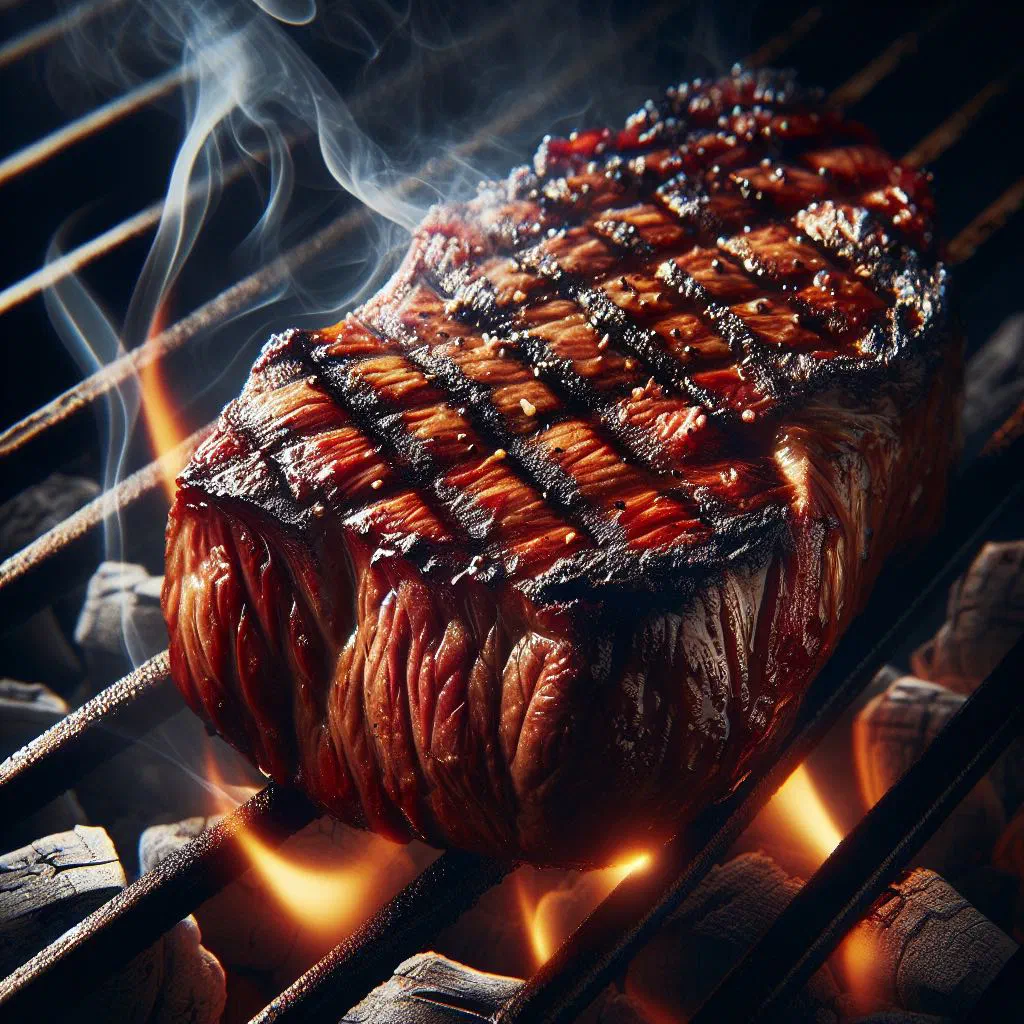 Grilled marinated meat on a platter with fresh herbs and lime