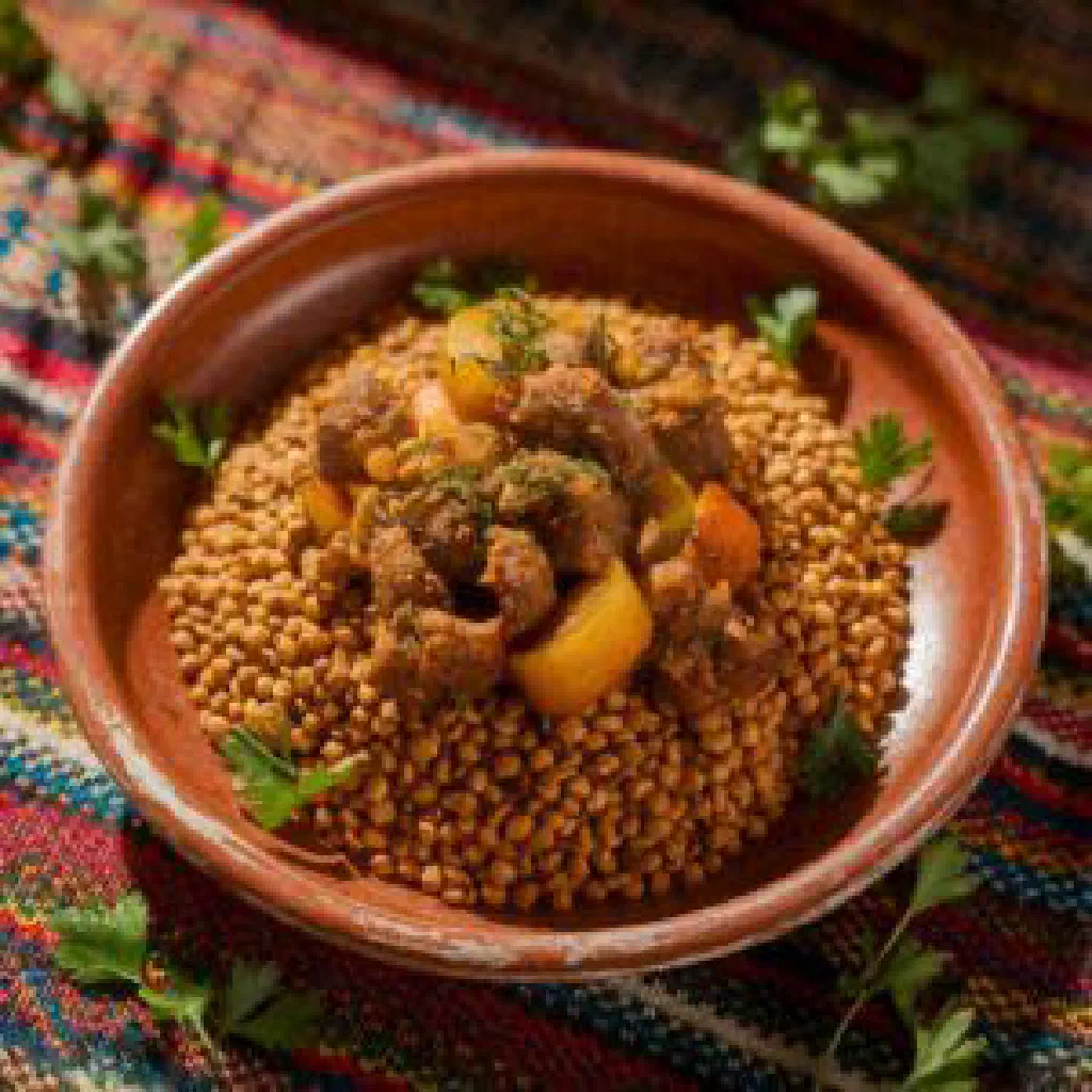 A bowl of Gambian kanya made with rice and peanuts, garnished with fresh herbs