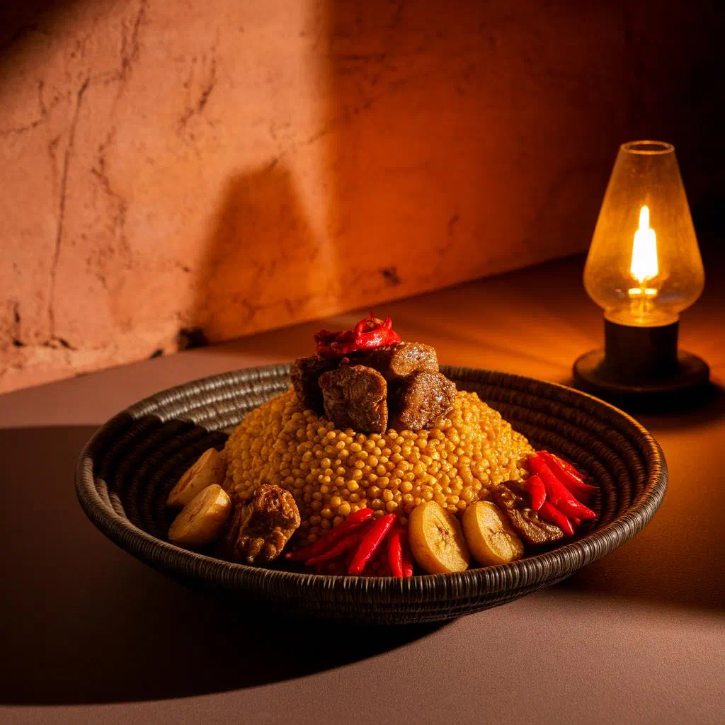 Spiced Gambian kanyah with rice and tender meat in a bowl