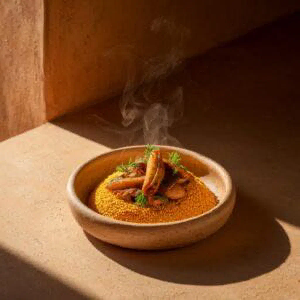 Bowl of nyebe: rice in a creamy peanut sauce garnished with fresh coriander