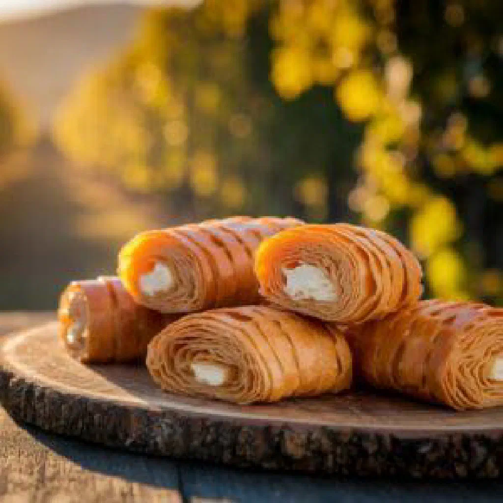 Golden baked Achma cut into squares showing layers of pastry and melted cheese