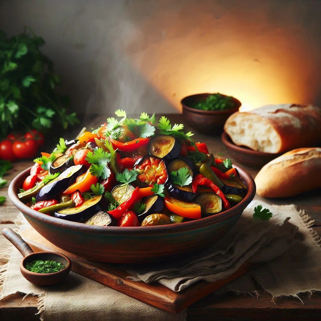 Ajapsandali vegetable stew with aubergine, tomatoes and fresh coriander