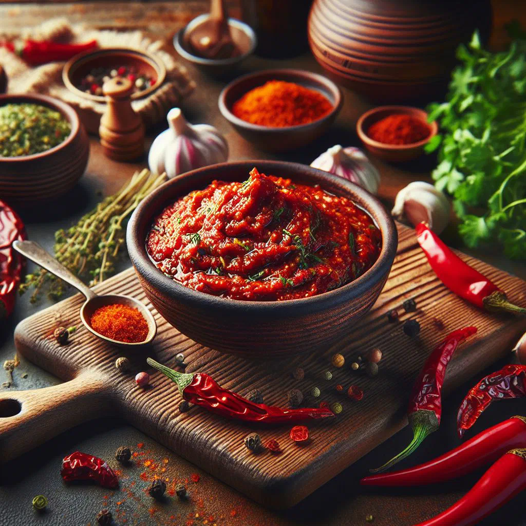 Bowl of red Georgian ajika spice paste with fresh herbs and chillies