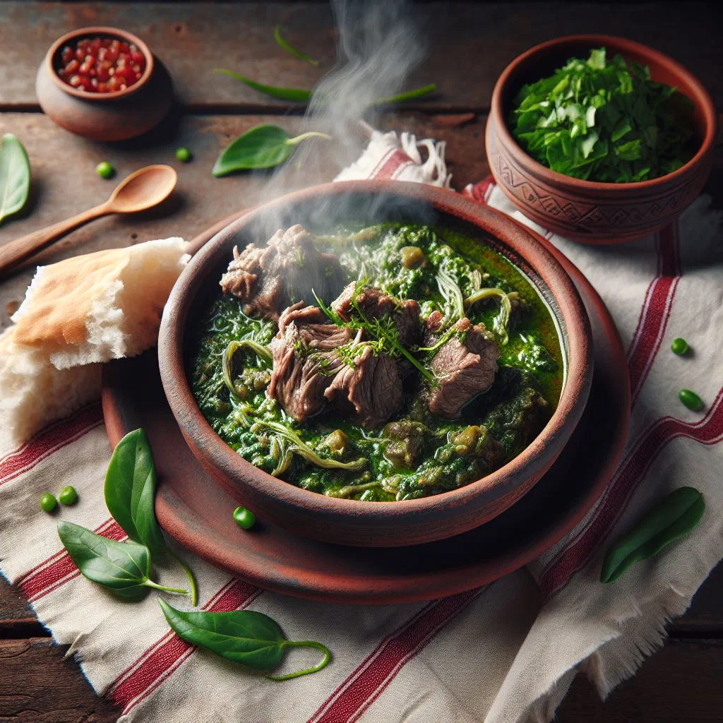 Georgian chakapuli lamb stew with fresh herbs and green plums in a pot