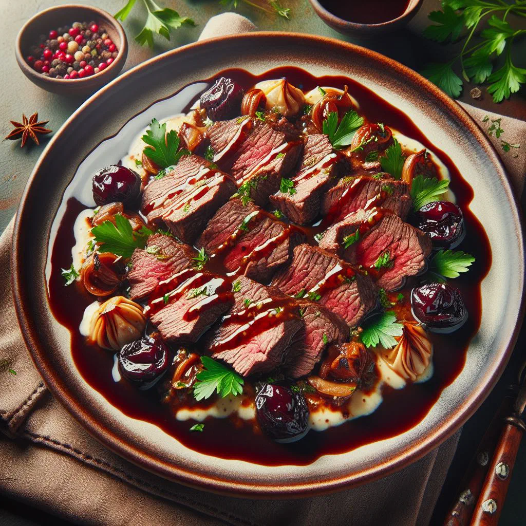 Georgian chakapuli beef stew with fresh herbs and plums in a bowl