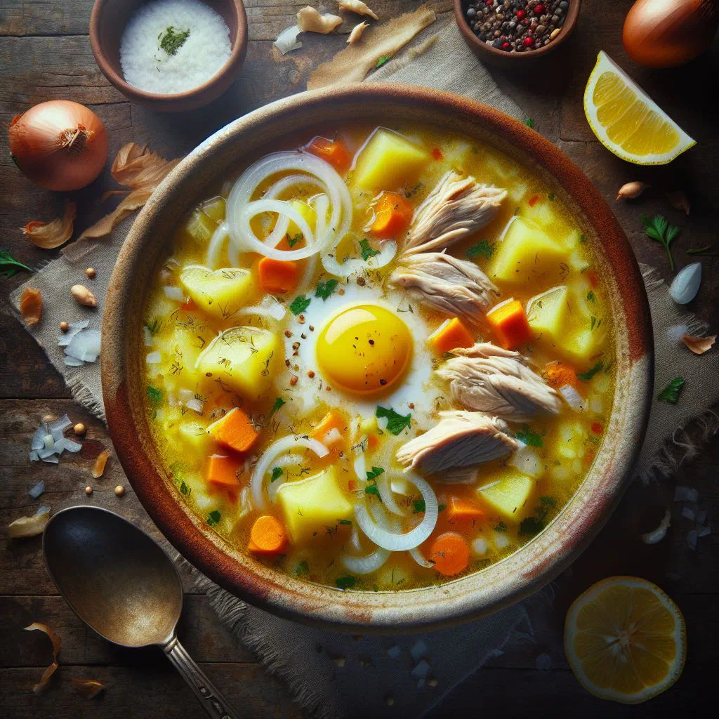 Bowl of golden Georgian chikhirtma chicken soup garnished with fresh coriander