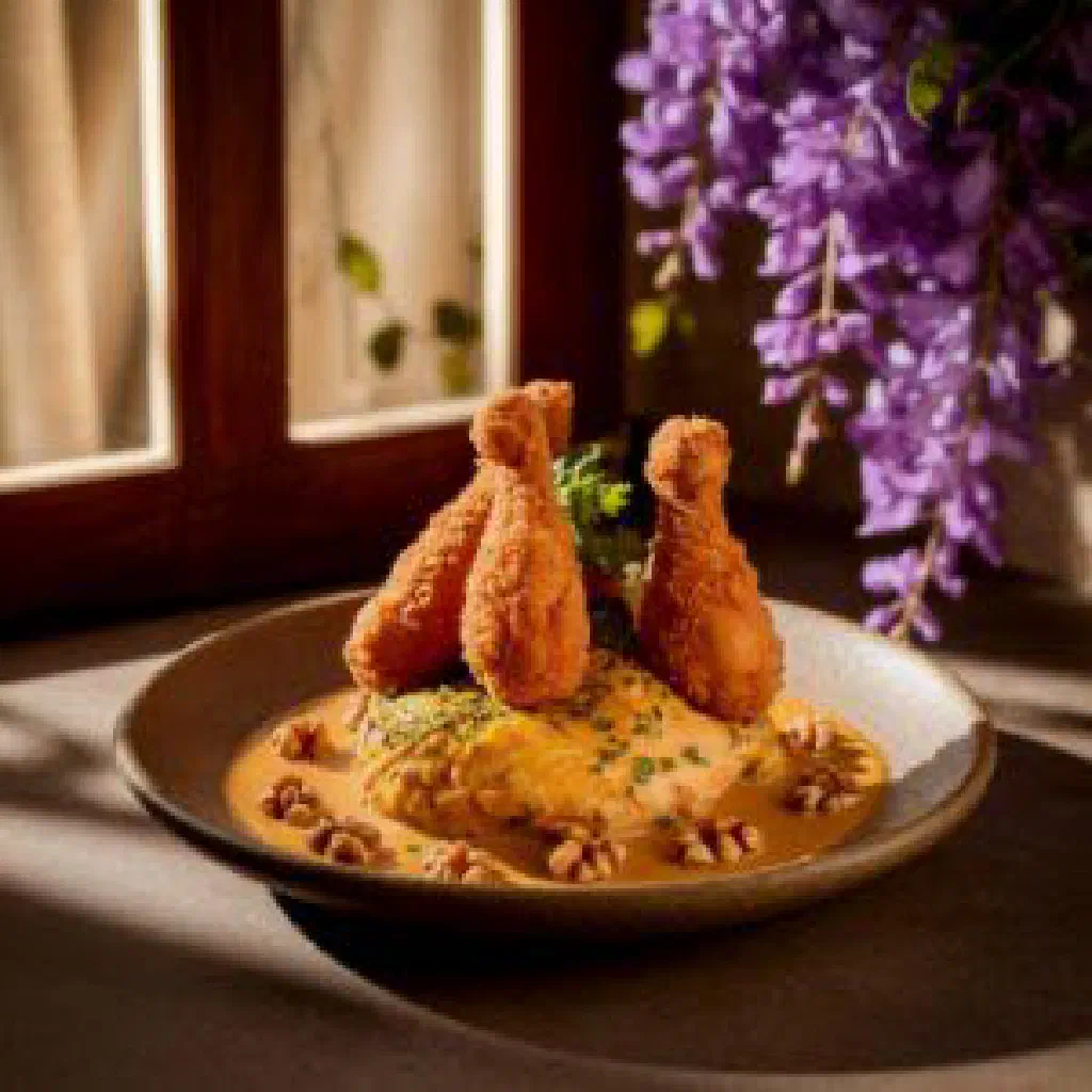 Chizhi Bizhi with tender chicken pieces in a herb-flecked sauce