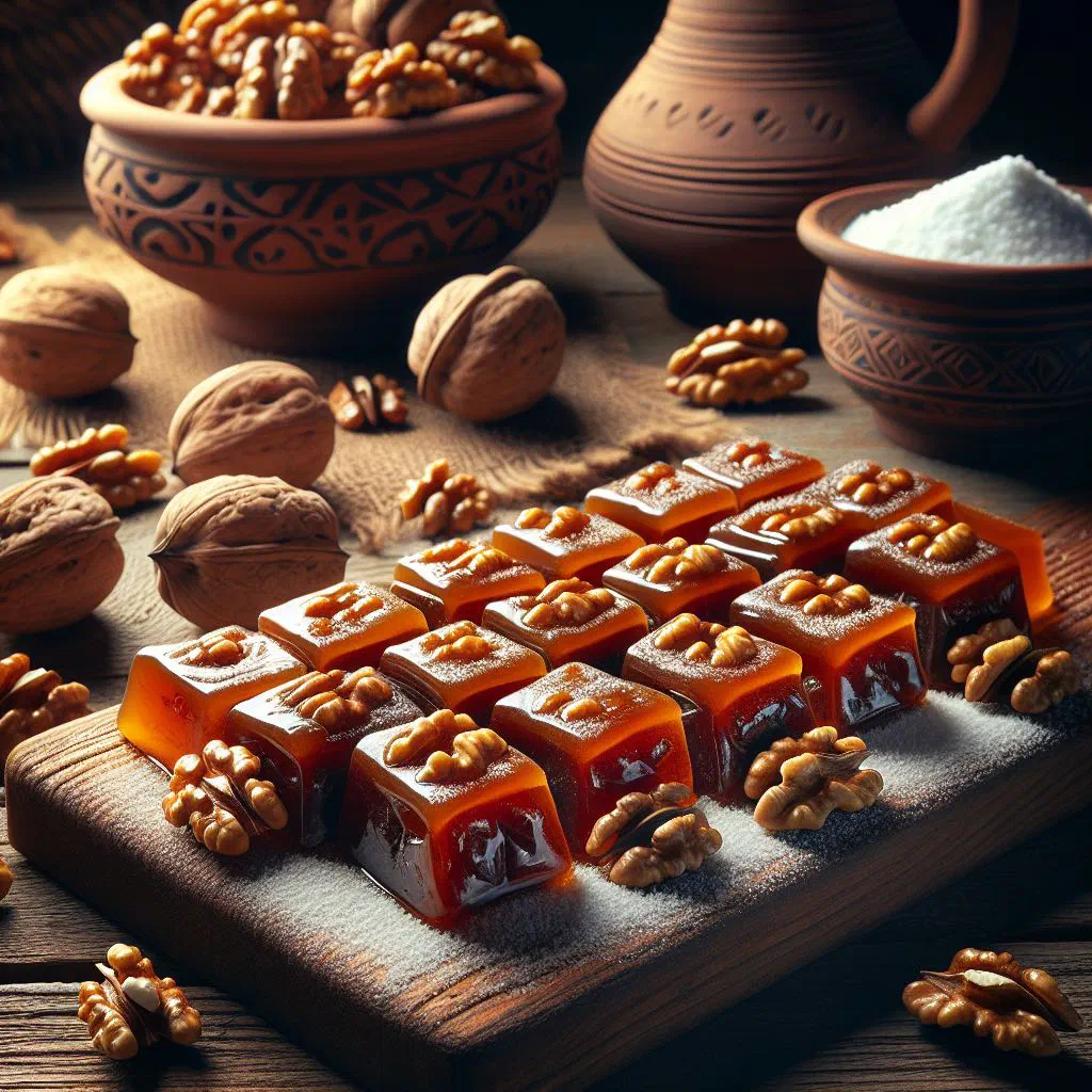 Diamond-shaped pieces of gozinaki made from caramelised walnuts and honey