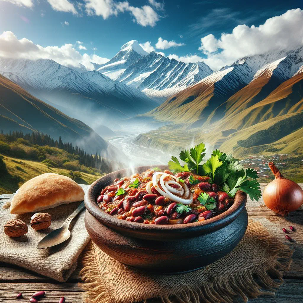 Gudauri lobio bean stew in a rustic bowl with fresh coriander and bread