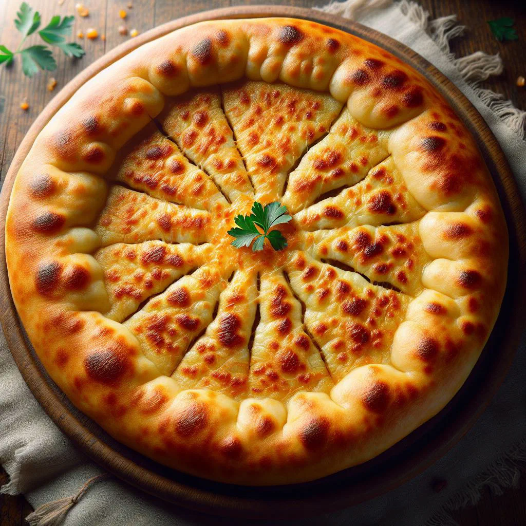 Round Imeruli khachapuri cheese bread, golden baked and cut open