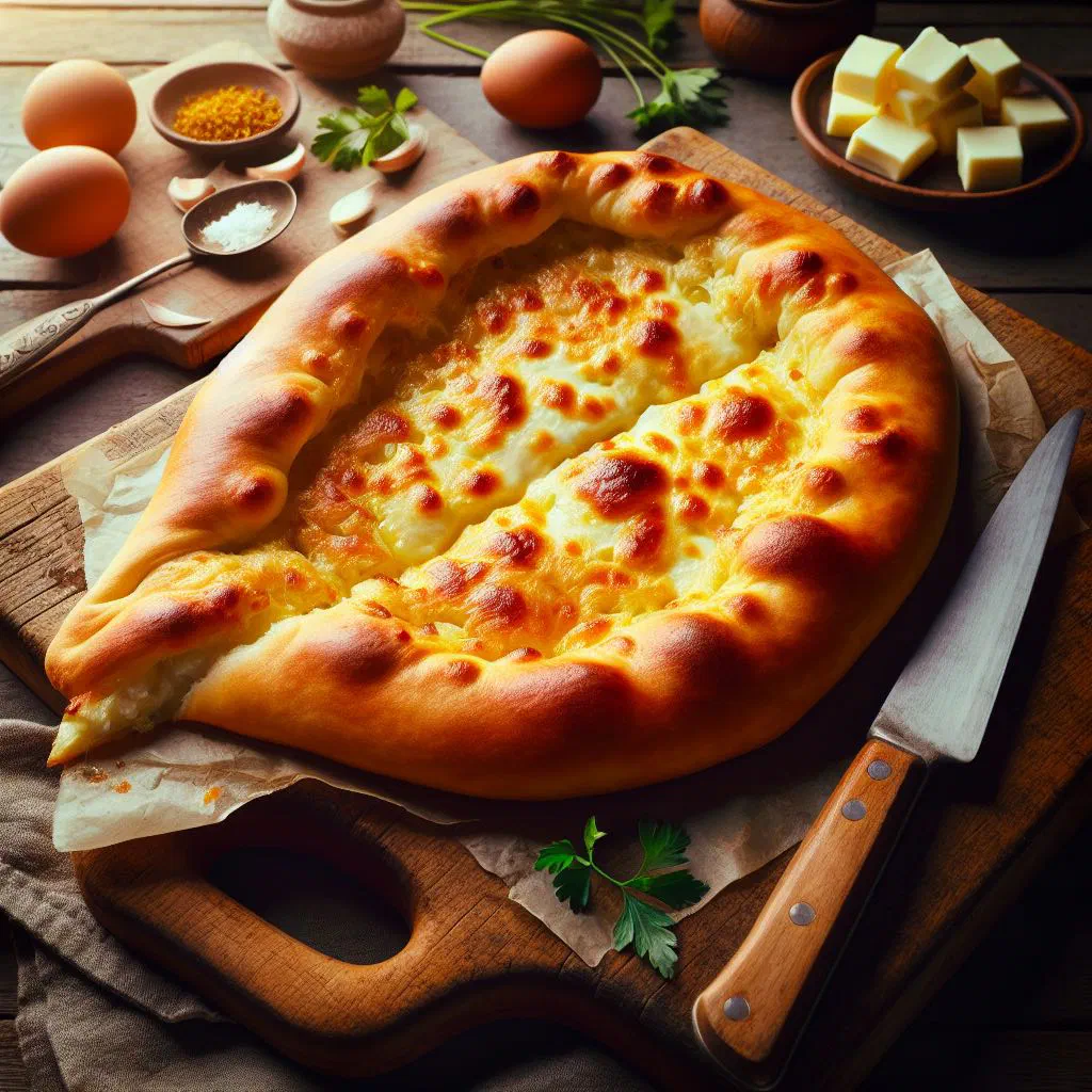 Golden boat-shaped khachapuri filled with melted cheese
