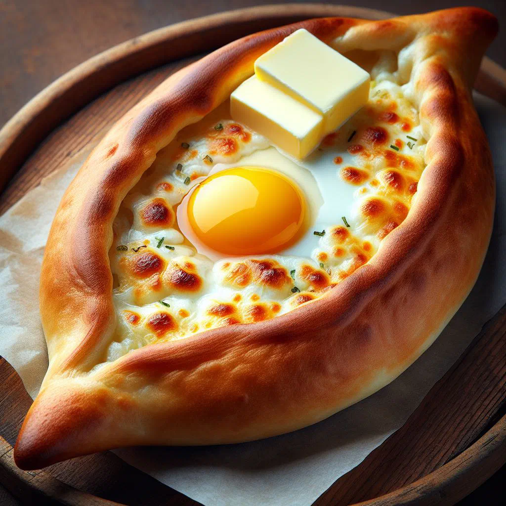 Boat-shaped Georgian cheese bread with a runny egg yolk and melting butter