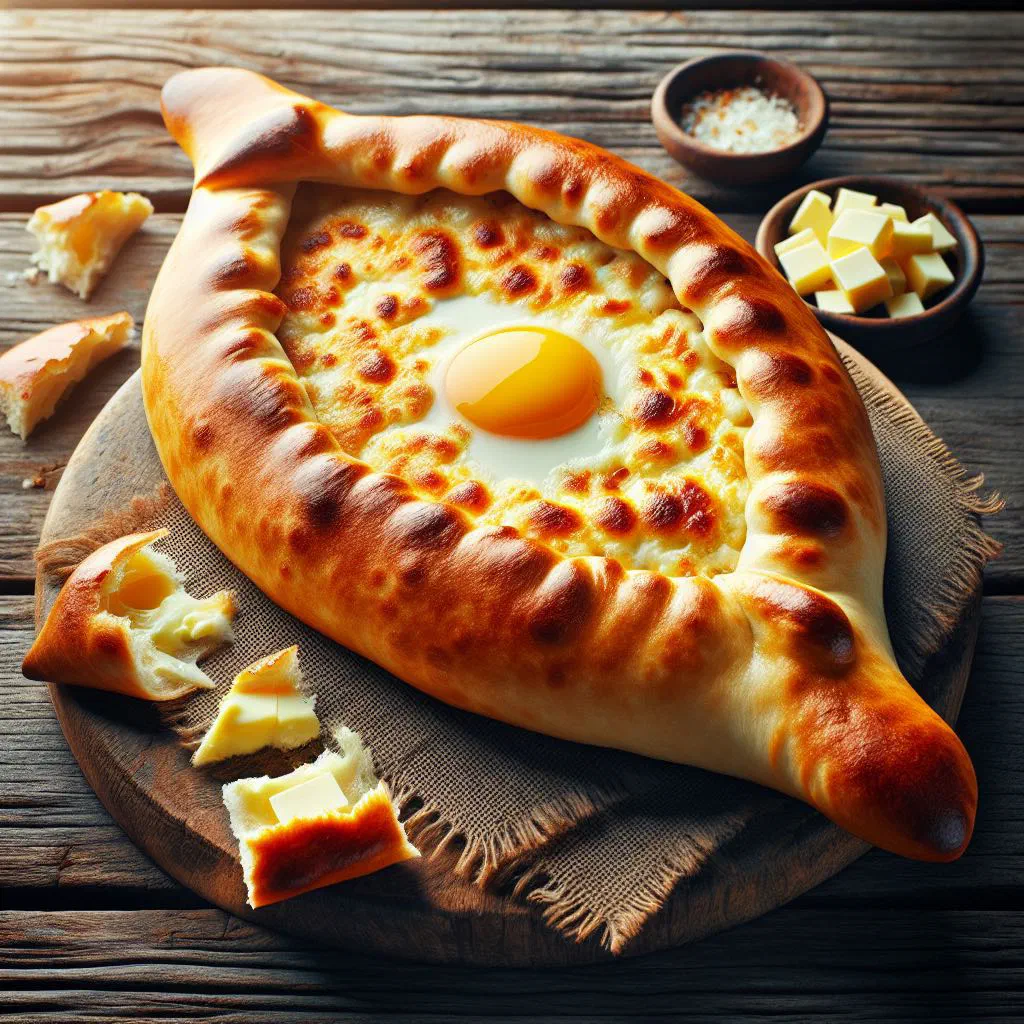 Golden baked khachapuri cheese bread with a melting cheese filling