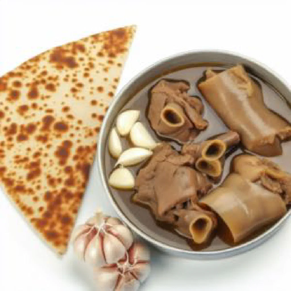 Bowl of Georgian khash broth with garlic, fresh herbs and bread