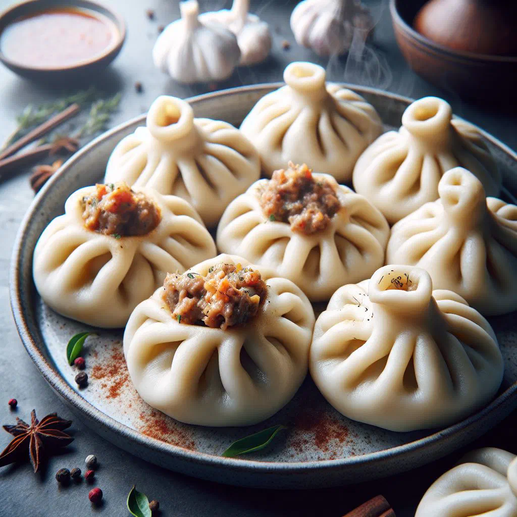Freshly boiled khinkali dumplings with twisted tops on a rustic plate