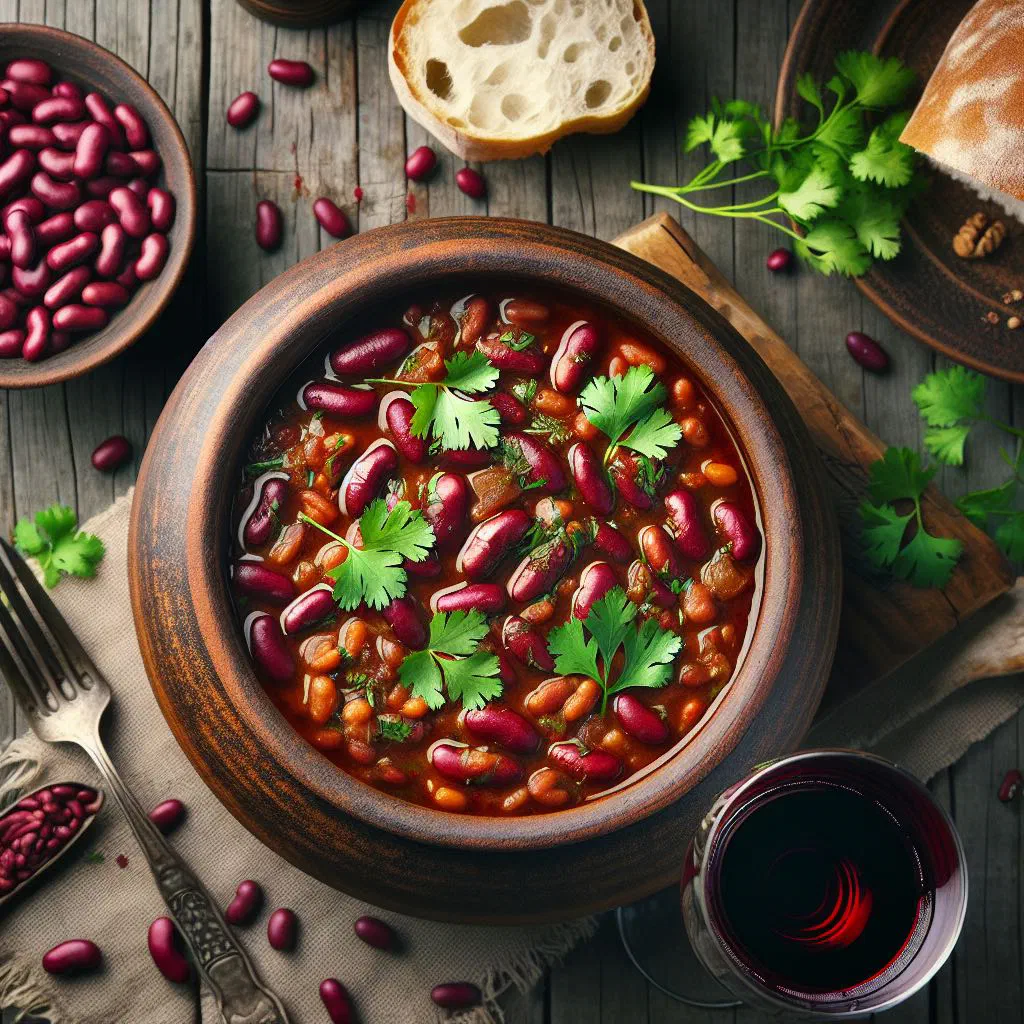 Rustic bowl of Georgian lobio bean stew topped with fresh coriander