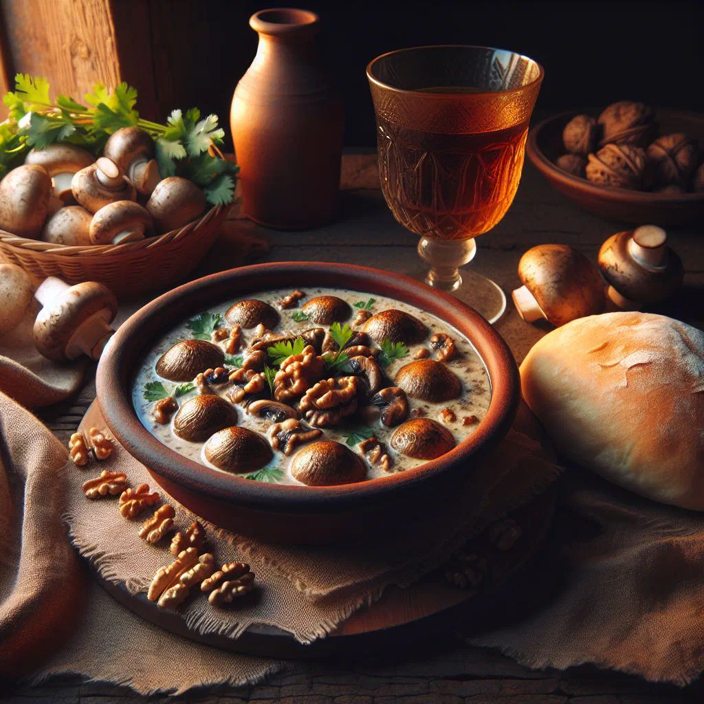 Mushroom satsivi in a deep bowl with creamy walnut sauce and fresh coriander