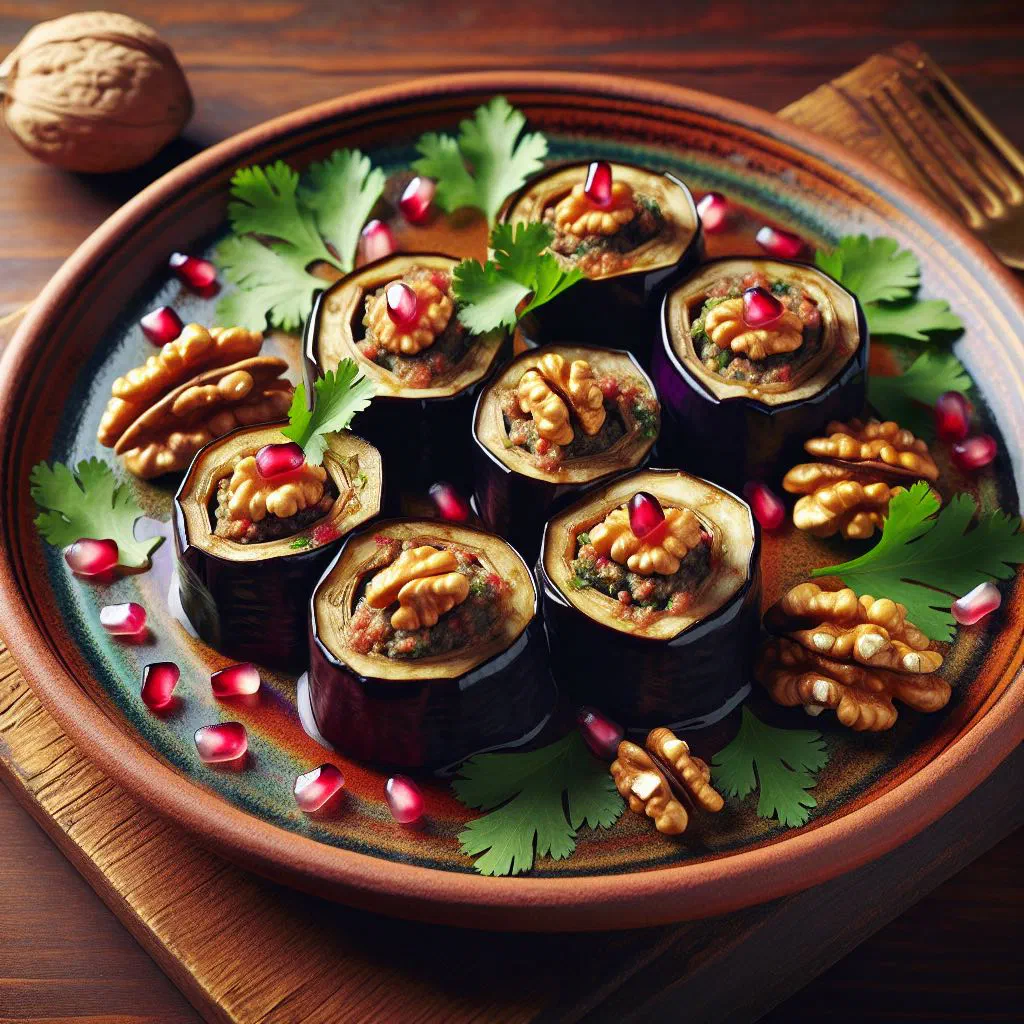 Rolled aubergine slices filled with walnut paste and garnished with fresh herbs