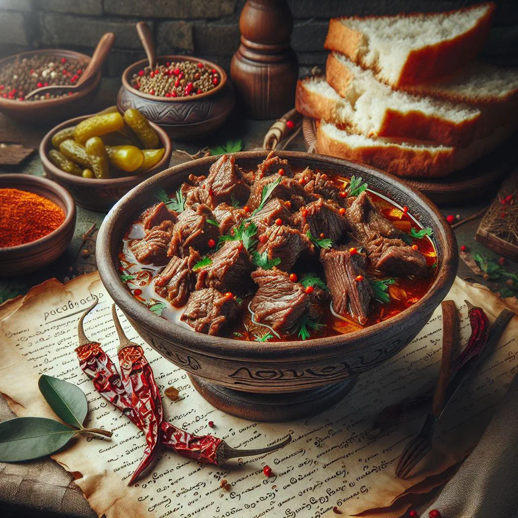 Georgian ostri beef stew in a rich tomato sauce with fresh herbs and bread