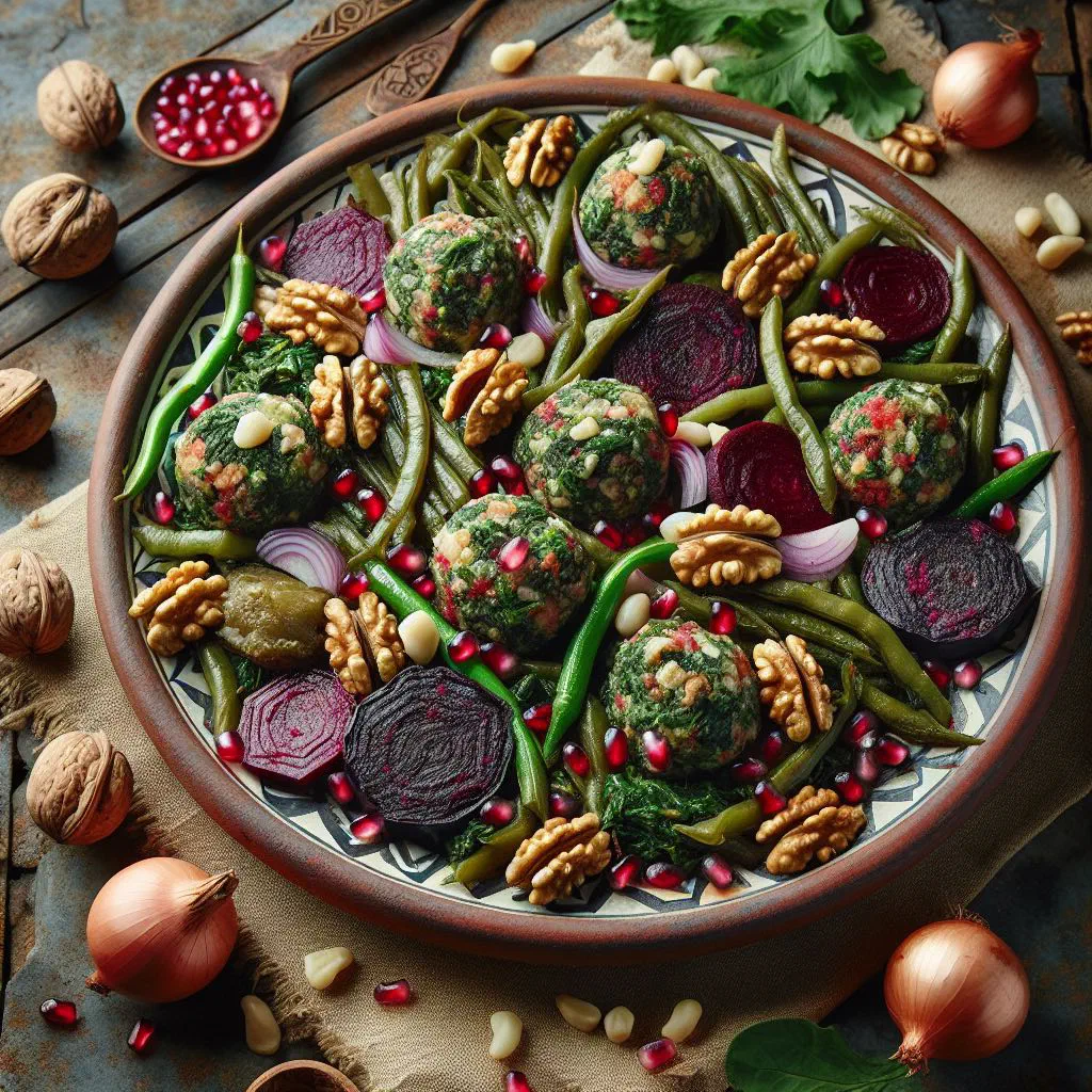 Colourful pkhali balls topped with pomegranate seeds and fresh herbs